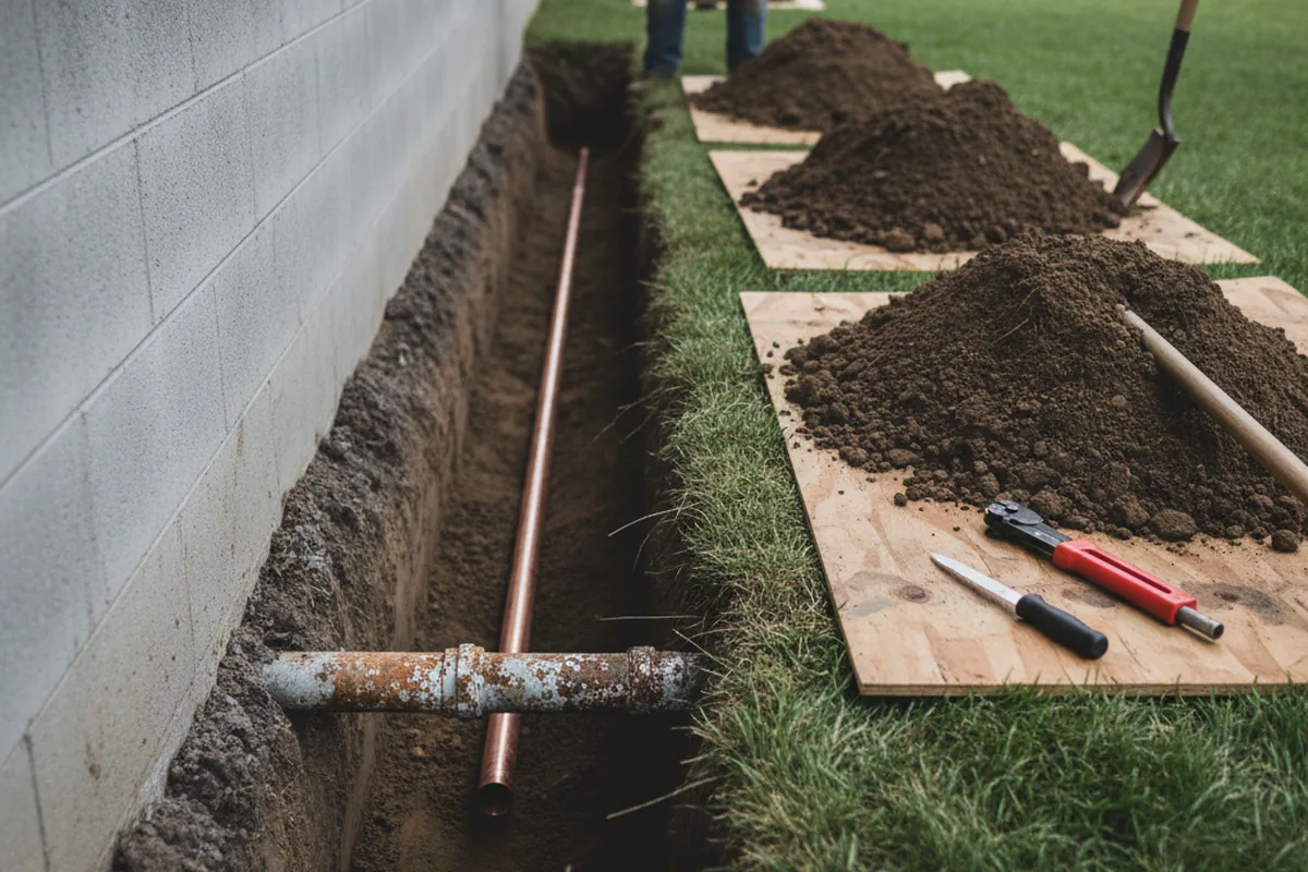 Excavated water line trench during Water Softener Installation in Dayton